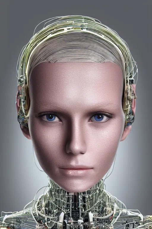 Image similar to robot with human face, female head, full body angle, woman human face, human face realistic, beautiful blonde hair, human head, human head with blonde hair, blonde hair human head, blonde hair, human realistic face, human head skin, cyborg frame concept, cyborg by ales-kotnik, sci-fi android female, the body is made of wires, robotic body, cyborg body, cyborg bust body, robot body cyborg, full body