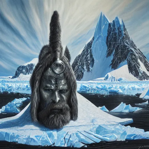 Image similar to menacing presence trailblazer Antarctica glacial cult incomprehensible topology ambience, realistic fantasy, oil painting, extremely high detail, photorealistic, cinematic lighting, oil painting, intricate line drawings, 4k resolution