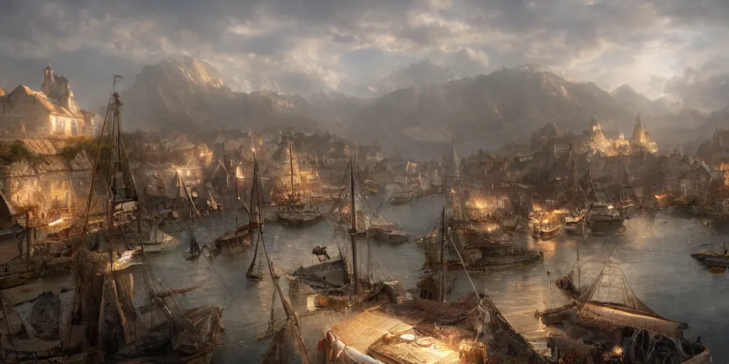 Image similar to beautiful matte painting of a port village by weta workshop 8 k, cinematic dramatic atmosphere, dramatic lighting