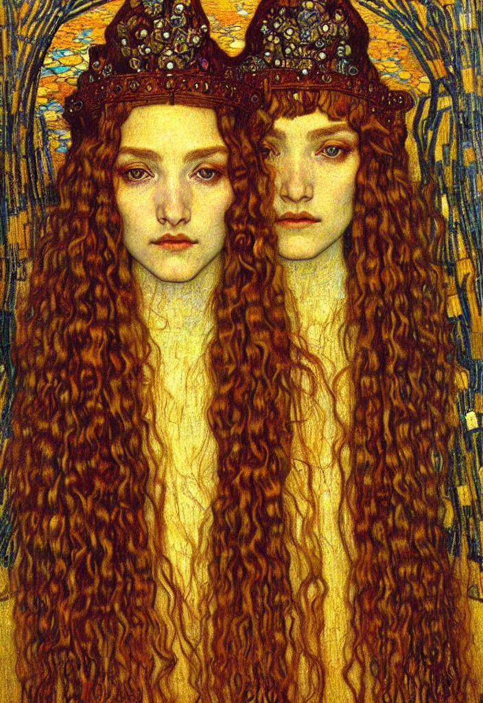 Image similar to detailed realistic beautiful young medieval queen face portrait by jean delville, gustav klimt and vincent van gogh, art nouveau, symbolist, visionary, gothic, pre - raphaelite, muted earthy colors, desaturated