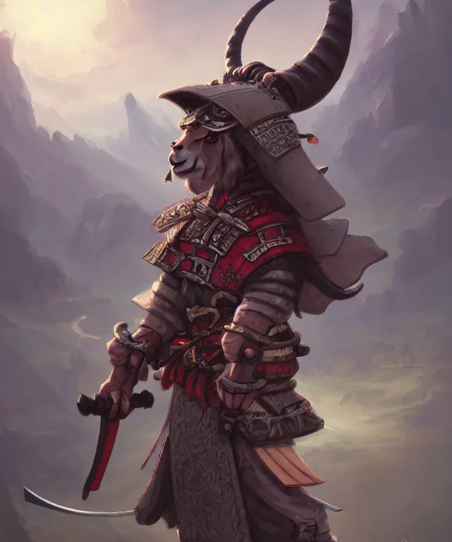 Image similar to anthropomorphic goat samurai, samurai outfit, standing in a beautiful landscape, cute and adorable, dnd character art portrait, matte fantasy painting, deviantart artstation, by jason felix by steve argyle by tyler jacobson by peter mohrbacher, cinematic lighting