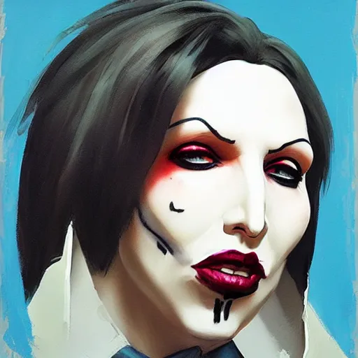 Prompt: Greg Manchess portrait painting of Marilyn Manson as Overwatch character, medium shot, profile picture, Organic Painting, sunny day, Matte Painting, bold shapes, hard edges, street art, trending on artstation, by Huang Guangjian and Gil Elvgren and Sachin Teng
