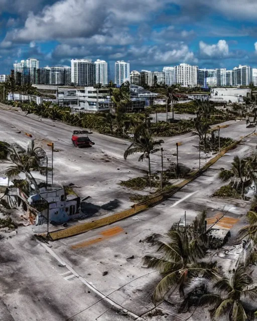 Image similar to wide angle shot of dilapidated fallout 5 miami, tropical coastal city in real life, desolate, dilapidated, empty streets, some rusted retro futuristic vintage styled parked vehicles like cars, buses, trucks, trams, sunny weather, few clouds, volumetric lighting, photorealistic, daytime, spring, sharp focus, ultra detailed,