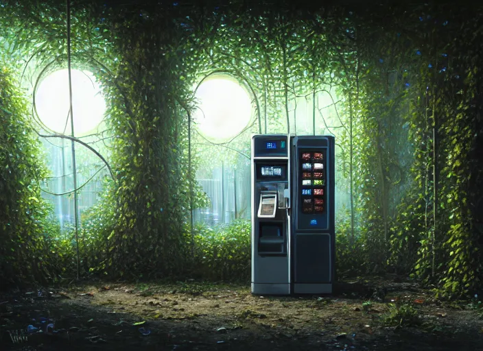 Image similar to close up of a vending machine in an abandoned shopping mall, big trees, overgrown by flower, vines, at night, rays of moonlight, full moon, hyperrealistic, highly detailed, oil painting, intricate, cgsociety, artstation, 8 k, cinematic, soft lighting, by greg rutkowski, by wlop, by artgerm