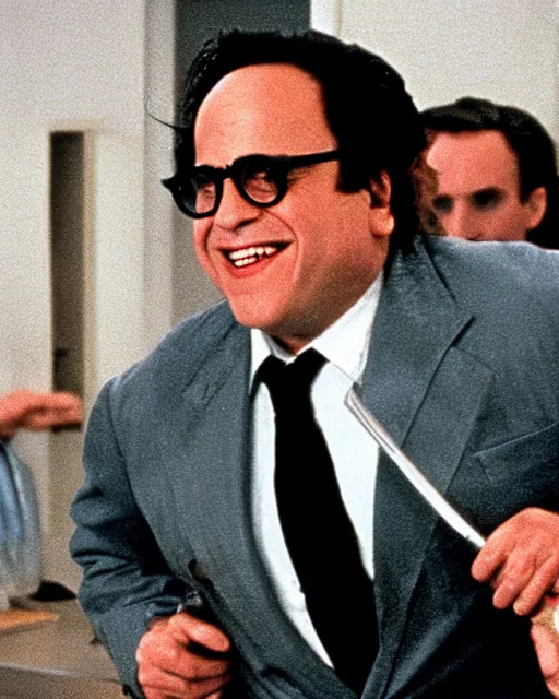 Prompt: danny devito as patrick bateman in american psycho