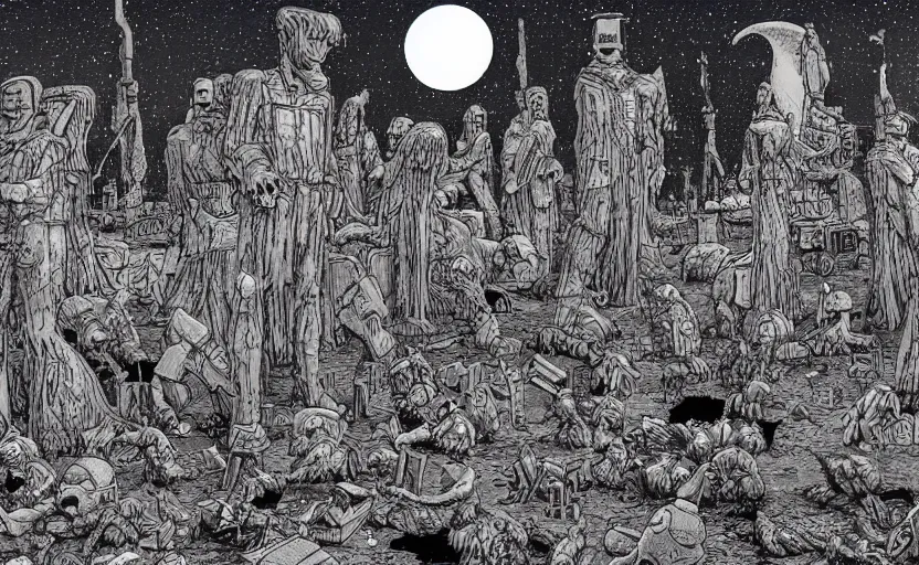 Prompt: weeping angels battle an army of robots in graveyard at night, by moebius, moonlight, panoramic view, digital coloring
