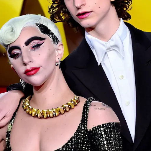 Image similar to timothee chalamet and lady gaga meet eachother, highly beautiful faces, highly detailed