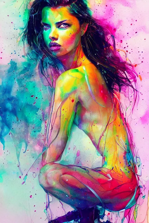 Image similar to adriana lima by agnes cecile enki bilal moebius, intricated details, sitting on a stool, full body portrait, extremely luminous bright design, pastel colours, drips, autumn lights