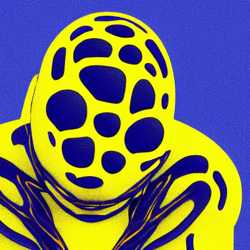 Image similar to human man that resembles a wasp morh in surreal sketch style, blue and yellow gradient, noise, ultrafine detail, hd 8k, logo illustration