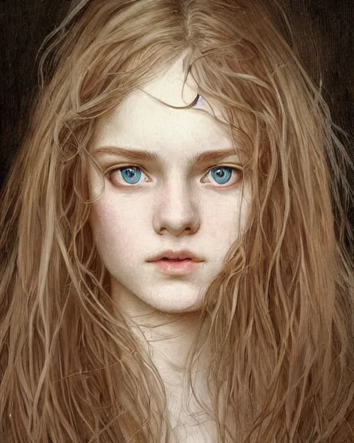 Image similar to portrait of 1 6 - year - old woman with dirty blonde hair down to her waist, pale eyebrows and protuberant silver eyes, wearing white shirt, hyper realistic face, beautiful eyes, fantasy art, in the style of greg rutkowski, intricate, alphonse mucha, hyper detailed, smooth