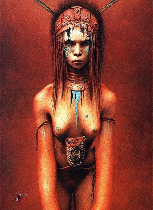 Image similar to barbarian warrior girl in tribal painting by Beksinski