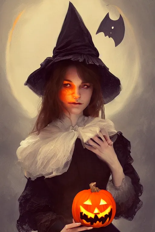 Prompt: portrait of a beautiful victorian witch holding a jack - o - lantern, halloween night, charlie bowater, artgerm, ilya kuvshinov, krenz cushart, ruan jia, realism, ultra detailed, 8 k resolution