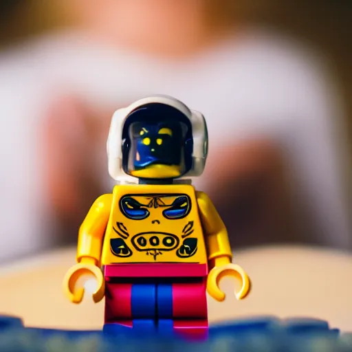 Image similar to closeup shot of lego astronaut standing on a potato ( eos 5 ds r, iso 1 0 0, f / 8, 1 / 1 2 5, 8 4 mm, postprocessed, bokeh )