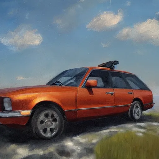 Image similar to weponized family car in toscany plains, artstation, fine art, oil painting, very detailed, very realistic