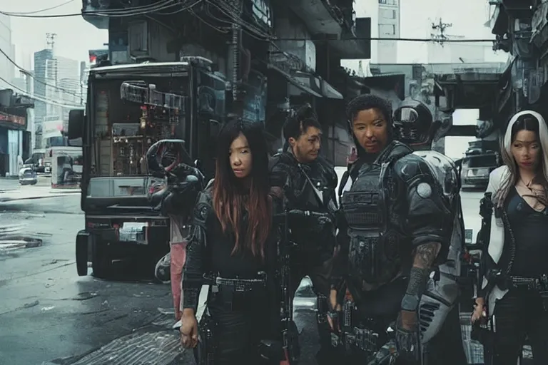 Image similar to movie diverse interracial team of Japanese sci-fi futuristic robbers armed with rifles interior clean futuristic tactical van, cyberpunk city, beautiful skin, Symmetrical faces. natural lighting by Emmanuel Lubezki