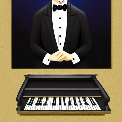 Prompt: shiba inu in a tuxedo playing a grand piano, digital art, 8 k, high detailed