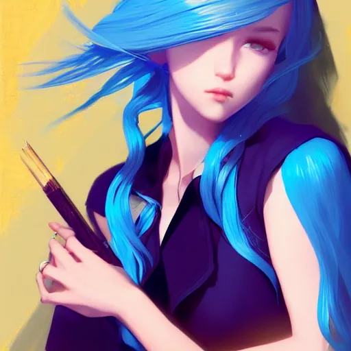 Image similar to ilya kuvshinov with long sky blue hair, gold eyes, boyish face, professional digital painting, concept art, ultra sharp, 8 k, cinematic, wlop, color block, in the background, art by greg rutkowski, pixiv art, art nouveau, yoshitaka amano