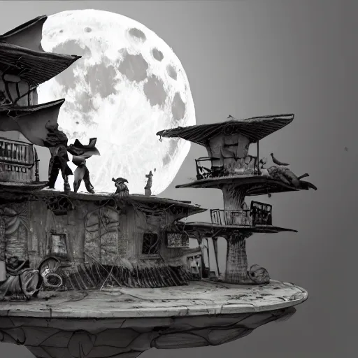 Image similar to full moon, figurines, travel, tilt shift, style of 3 d daz, occlusion, white clay, style of dave mckean, style of shuzo oshimi, style of will eisner, full of color, on white, smooth, thin sharp lines, detailed, octane render