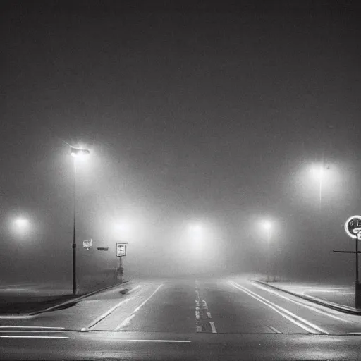 Prompt: A stunningly beautiful award-winning 8K high angle close up cinematic movie photograph of a spooky foggy empty lightless moonlit main intersection in an abandoned 1950s small town at night, by David Fincher and Darius Khonji. perfect composition, shot from roofline, moody low key backlit. Color palette from Seven, greens yellows and reds. 2 point perspective, high angle from 15 feet off the ground. Octane render