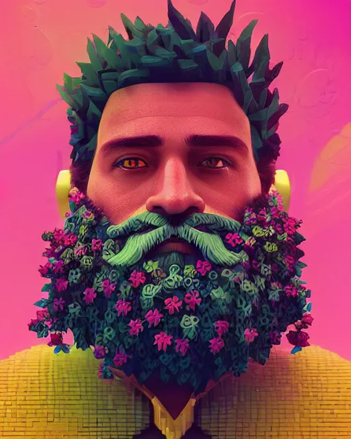 Image similar to a realistic ultradetailed digital painting of a man with flowers in his beard, profile, sharp detail, cyberpunk art by beeple, behance contest winner, retrofuturism, voxel art, # pixelart, dystopian art