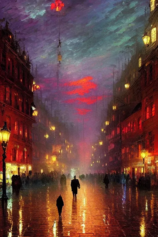 Image similar to the king in disguise, walking through the crowded streets of the city of blood and prisms, night skies, dramatic light, hyperrealistic, colorful skies, digital art, vray, john atkinson grimshaw, ivan aivazovsky, leonid afremov