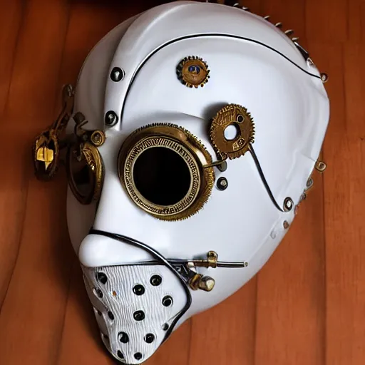 Image similar to extremly detailed white ceramic steampunk mask, high details, photorealistic, 8 k, sharp focus, white ceramic material