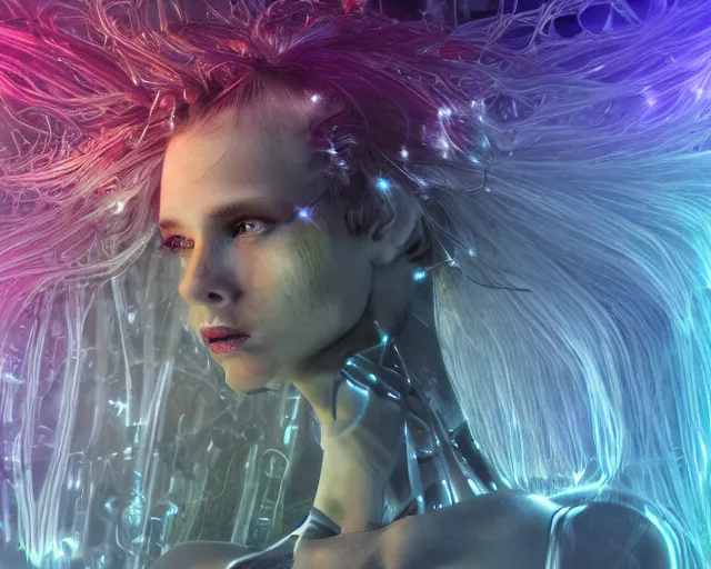 Image similar to glowing hair, complex cybernetic beings, beautiful hairy humanoids, cybergods, cybermagnetosphere, cybernetic civilizations, ornate hair, love, joy, vortexes, large arrays, data holograms, 8 k, cinematic light shadows, wet hdr refractions