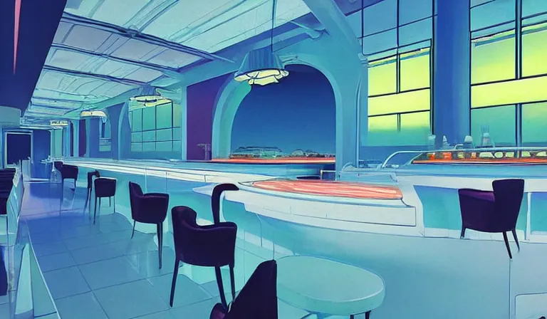 Image similar to a beautiful, sharp focus, clean lines. the interior of an art deco undersea restaurant. vaporwave ombre rendering. outrun style. fish. neon backlit jellyfish. trending on artstation. recommended for you behance. by chris moore. by edward hopper. ambient occlusion. digital matte painting. metropolis filmic. gotham city.