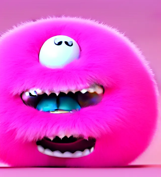 Image similar to high quality 3 d render hyperrealistic very cute big pink little spherical creature with big happy mouth, smile, plush mascot, short spiky dense fluffy smooth hair, isometric view, pink fluffy fur, 1 5 0 mm, beautiful natural soft light, rim light, smooth background, artstation, ultra detailed, elegant, ultra detailed, metallic armor, octane render