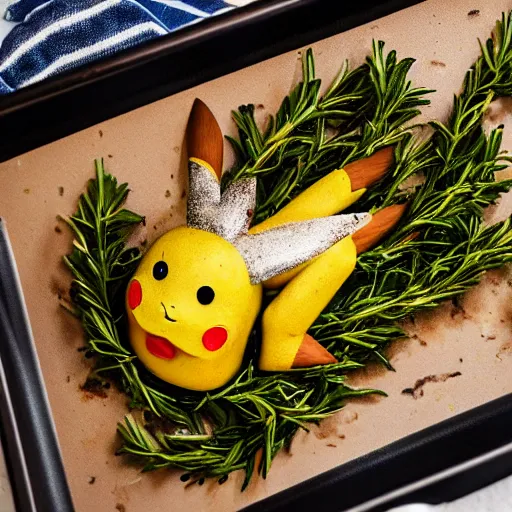 Image similar to roasted spatch pikachu in a baking tray with rosemary and thyme, cooking oil, steam, charred, ready to eat, electric sparks