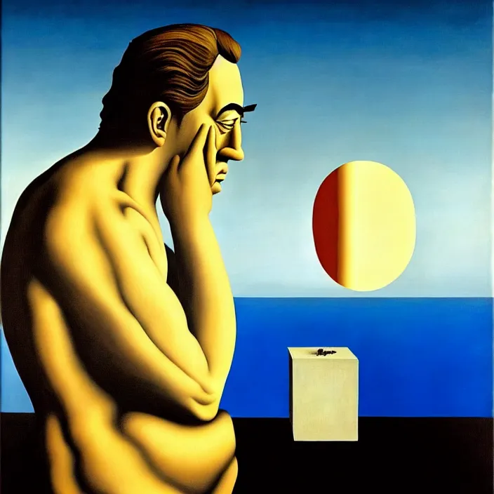 Image similar to camus pondering about the absurdity of existence, by salvador dali and rene magritte, oil on canvas, dramatic lighting