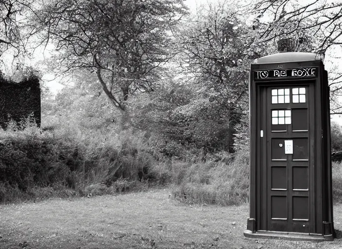 Image similar to photo of a metropolitan police box partially obscured by trees in rural london, police box, tardis, 1936, sepia