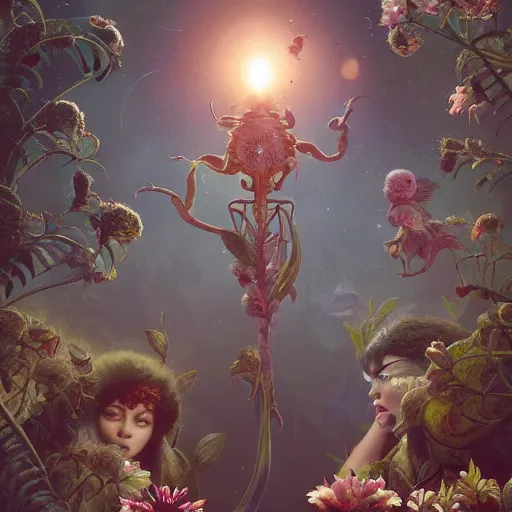 Image similar to exquisite flowers, imaginative alien creature poster art, humanoid, anthro, botanical illustration 8 k, octane render by lucusfilm weta studio tom bagshaw james jean frank frazetta, james gurney martine johanna and simon stalenhag and chie yoshii and casey weldon