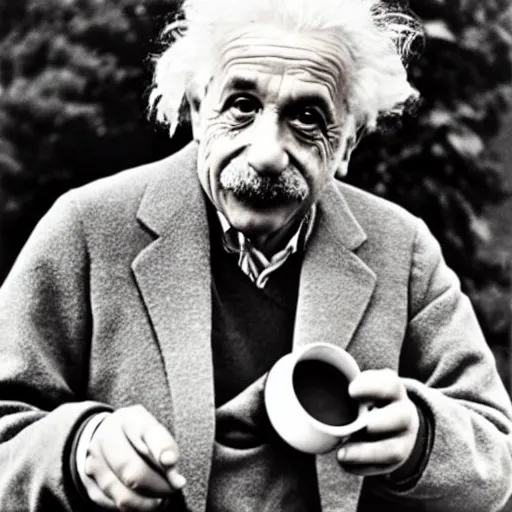 Prompt: albert einstein enjoying a glass of milk in the alpines, colorized