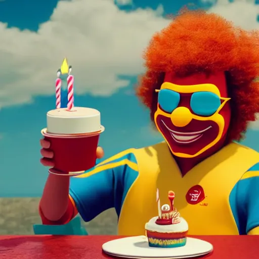 Image similar to Ronald Mcdonald with a birthday cake wearing a miami dolphins jersey, concept art, cgsociety, octane render, trending on artstation, unreal engine 8k,