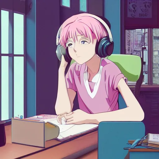 Image similar to high definition anime portrait of an anime girl with pastel colored hair sitting at a desk studying with headphones on, background is a window looking out into a busy Tokyo district, lo-fi art, by Studio Ghibli, trending on artstation, sharp high quality anime, digital art, photoshop, proportionate, ambient lighting