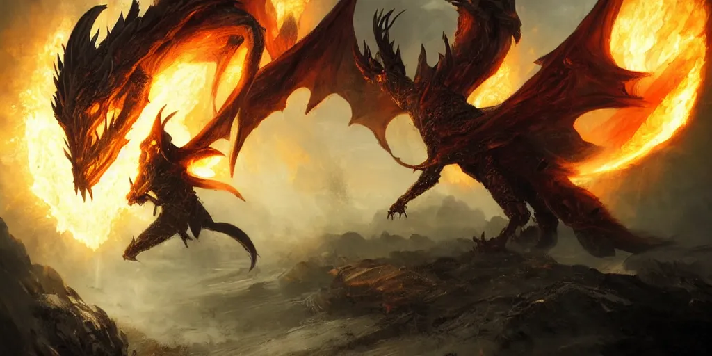 Prompt: Sauron fighting a dragon spitting fire, backlighting, oil painting, by Greg Rutkowski