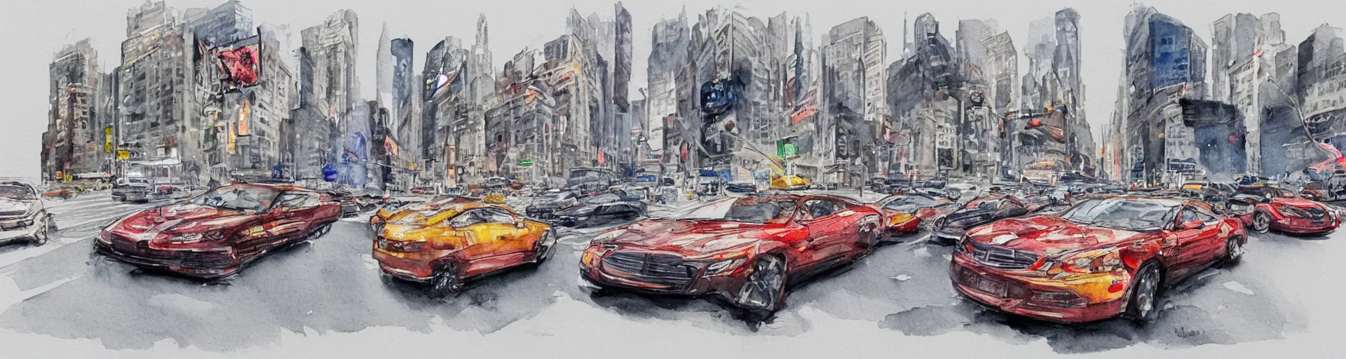 Image similar to a detailed watercolor sketch of cars racing in new york city