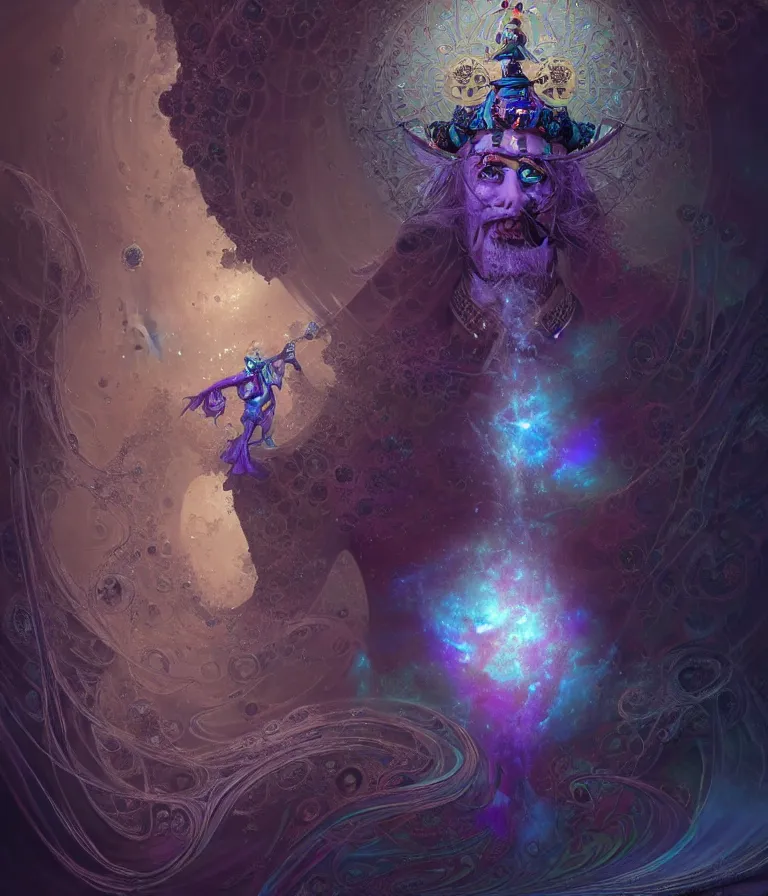 Image similar to front!!! shot of a court jester!!! character, mesmerizing fractal hypercubes, dark holography!!!, future, oil slick nebula, crystalline edges, (((intricate))), elegant, highly detailed, centered, (((artstation, concept art, smooth, sharp focus, artgerm, Tomasz Alen Kopera, Peter Mohrbacher, donato giancola, Joseph Christian Leyendecker, WLOP, Boris Vallejo))), ((raytracing)), mugshot!!!!!, ugly!!!!!!, octane render, nvidia raytracing demo, octane render, nvidia raytracing demo, octane render, nvidia raytracing demo, grainy, muted, 8K, digitalblasphemy, metatron