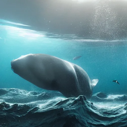 Image similar to ultra realistic underwater photography, panoramic picture of an ocean floor with large baluga whales. focus on the whales. the whales are anatomically correct and highly detailed. lots of bubbles. seaweed and some rocks. gloomy scattered light entering from the water surface, artstation, 8 k