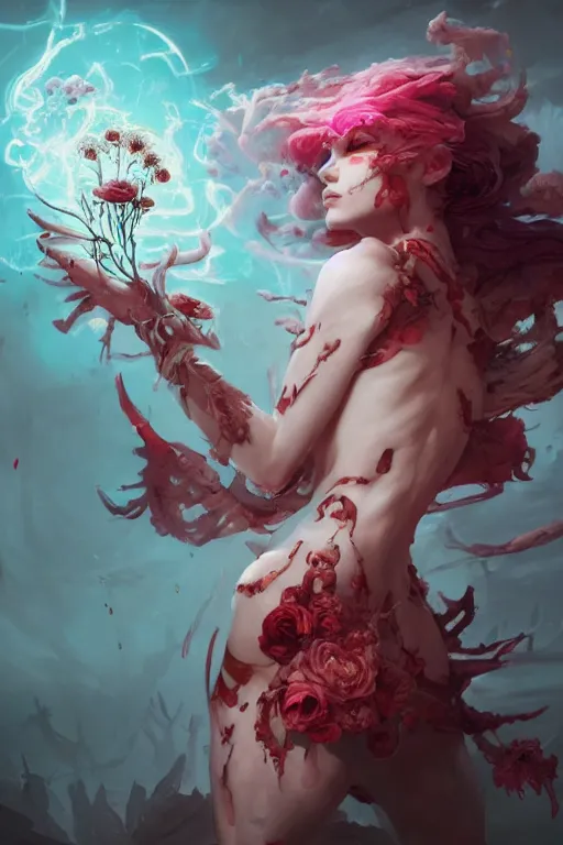 Image similar to beautiful girl necromancer covered with blood heaven clouds and storm, 3 d render, hyper realistic detailed portrait, holding magic flowers, scifi, fantasy, hyper detailed, octane render, concept art, peter mohrbacher, artgerm, ruan jia, wlop