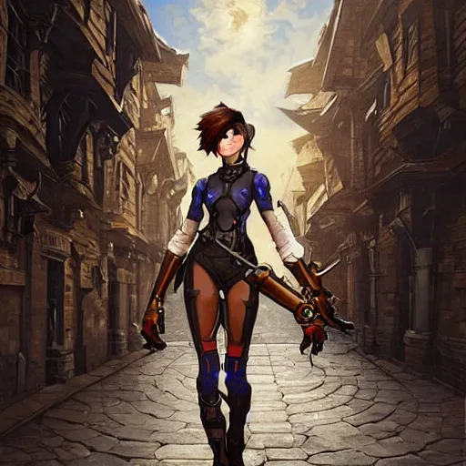 Image similar to high fantasy science-fiction character portrait of Tracer from Overwatch, intricate, wild, highly detailed, digital painting, artstation, upper body, concept art, smooth, sharp focus, cobblestone London victorian street in background, illustration, art by artgerm and greg rutkowski and alphonse mucha