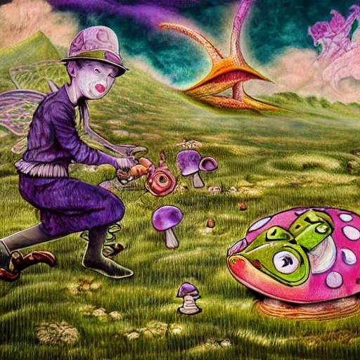 Image similar to Scary godlike fairy killing a frog ,detailed mushroom village in the background , Taras Shevchenko style, post-processing, fantasy , masterpiece , junji ito, painting , psychedelic colored