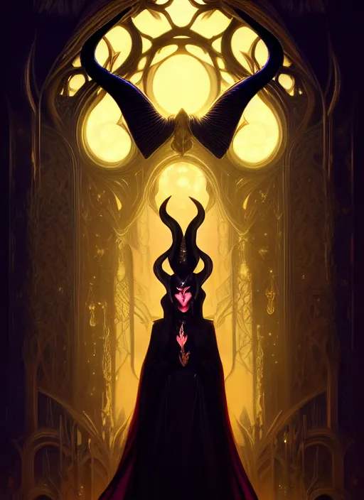 Prompt: symmetry portrait of maleficent, glowing lights, intricate, elegant, highly detailed, digital painting, artstation, concept art, smooth, sharp focus, illustration, art by artgerm and greg rutkowski and alphonse mucha