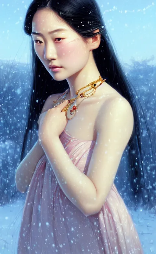 Image similar to a beautiful young charming asian goddess with sundress + jewelry + shinny eyes | | winter, symmetric, realistic shaded, unpleasant face, good looking, fine details, dior, lv, realistic shaded lighting poster by greg rutkowski, macoto takahashi, magali villeneuve, artgerm, jeremy lipkin and michael garmash