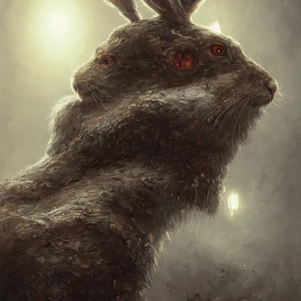 Image similar to hare with glowing white eyes, hyperdetailed, artstation, cgsociety, by greg rutkowski, by Gustave Dore