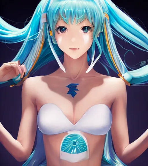 Prompt: Anime art very beautiful Hatsune miku by artgerm, magali villeneuve, Gil Elvgren, Earl Moran, Enoch Bolles, Julie Bell, symmetrical shoulders