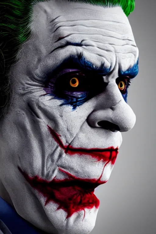 Prompt: a profile shot of the joker doing the kubrick stare looking directly at the camera, 8k, hyperrealism, cinematic lighting