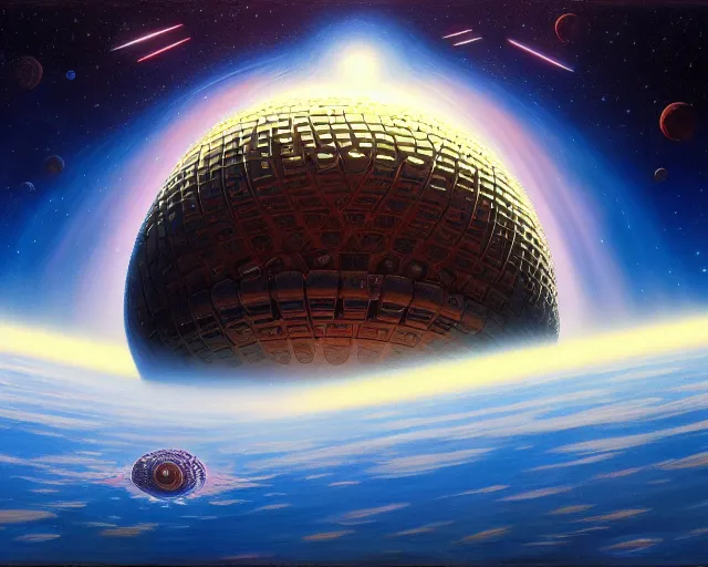 Prompt: painting of a very very symmetric dyson sphere, robert mccall, rick guidice, noah bradley, jim burns, les edwards, james gilleard, very coherent, extremely detailed, 4 k resolution, hd