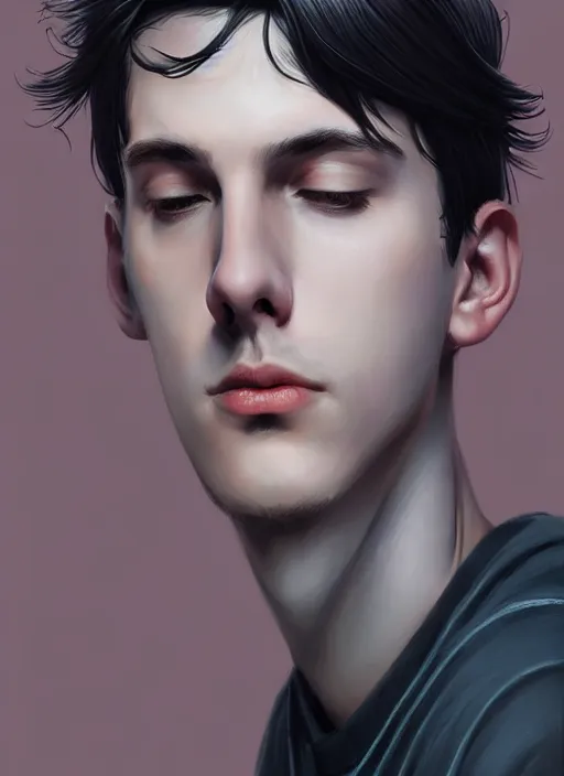 Image similar to portrait of teenage jughead jones wearing a light grey crown, photorealistic, crown, eyes closed, crown, black hair, intricate, elegant, glowing lights, highly detailed, digital painting, artstation, concept art, smooth, sharp focus, illustration, art by wlop, mars ravelo and greg rutkowski